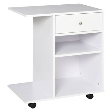 Mobile Printer Stand Rolling Cart Desk Side with CPU Stand Drawer Adjustable Shelf and Wheels 60cmx40cmx68.5cm White