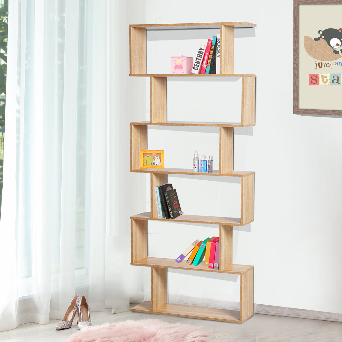 Bookcase, 6 Tier Shelf S Shaped Bookshelf, Storage Unit, Display Shelf for Living Room, Bedroom, Home Office, Plant, Oak