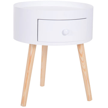 Modern Side Table, Small Coffee Table, Round Bedside Table with Drawer and Wood Legs for Living Room, Bedroom, White