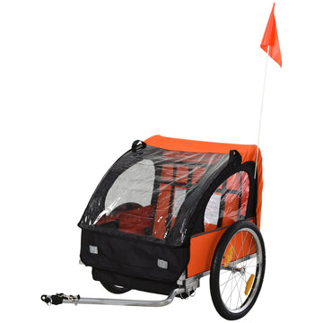 2 Seat Bike Trailer Bicycle wagon for Kids Child Steel Frame Safety Harness Seat Carrier Orange Black 130 x 76 x 88 cm
