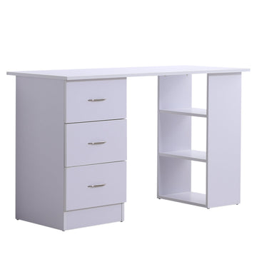 Computer Desk, Writing Table, PC Workstation with 3 Storage Shelves and Drawers, Silver Handle, for Home Office, White