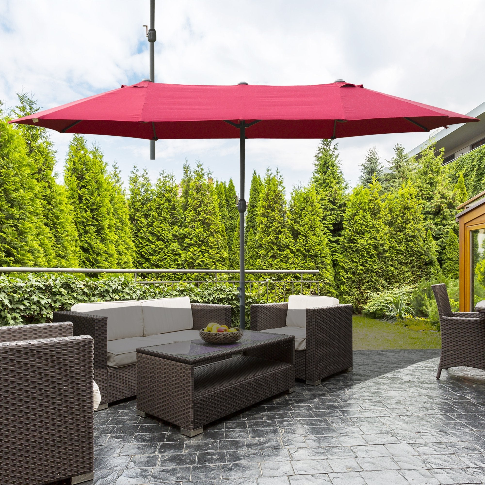 4.6M Sun Umbrella Canopy Double-sided Crank Sun Shade w/ Cross Base Wine Red
