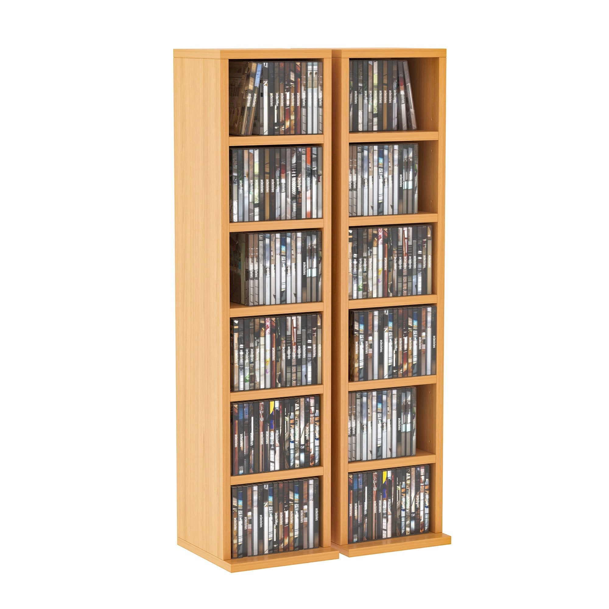 204 CD Media Display Shelf Unit Set of 2 Blu-Ray Tower Rack w/ Adjustable Shelves Bookcase Storage Organiser, Natural Wood Colour