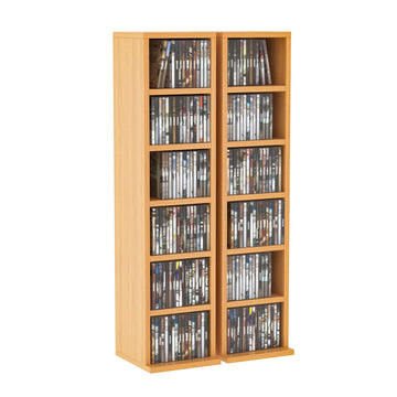 204 CD Media Display Shelf Unit Set of 2 Blu-Ray Tower Rack w/ Adjustable Shelves Bookcase Storage Organiser, Natural Wood Colour