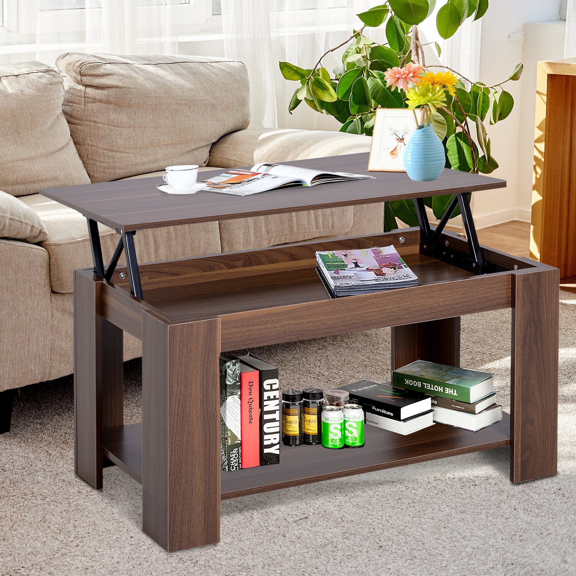 Lift Up Top Coffee Table with Hidden Storage and Open Shelf, Modern Wooden Sofa Side End Tea Table for Living Room 100W x 50D x 63H cm