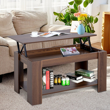Lift Up Top Coffee Table with Hidden Storage and Open Shelf, Modern Wooden Sofa Side End Tea Table for Living Room 100W x 50D x 63H cm