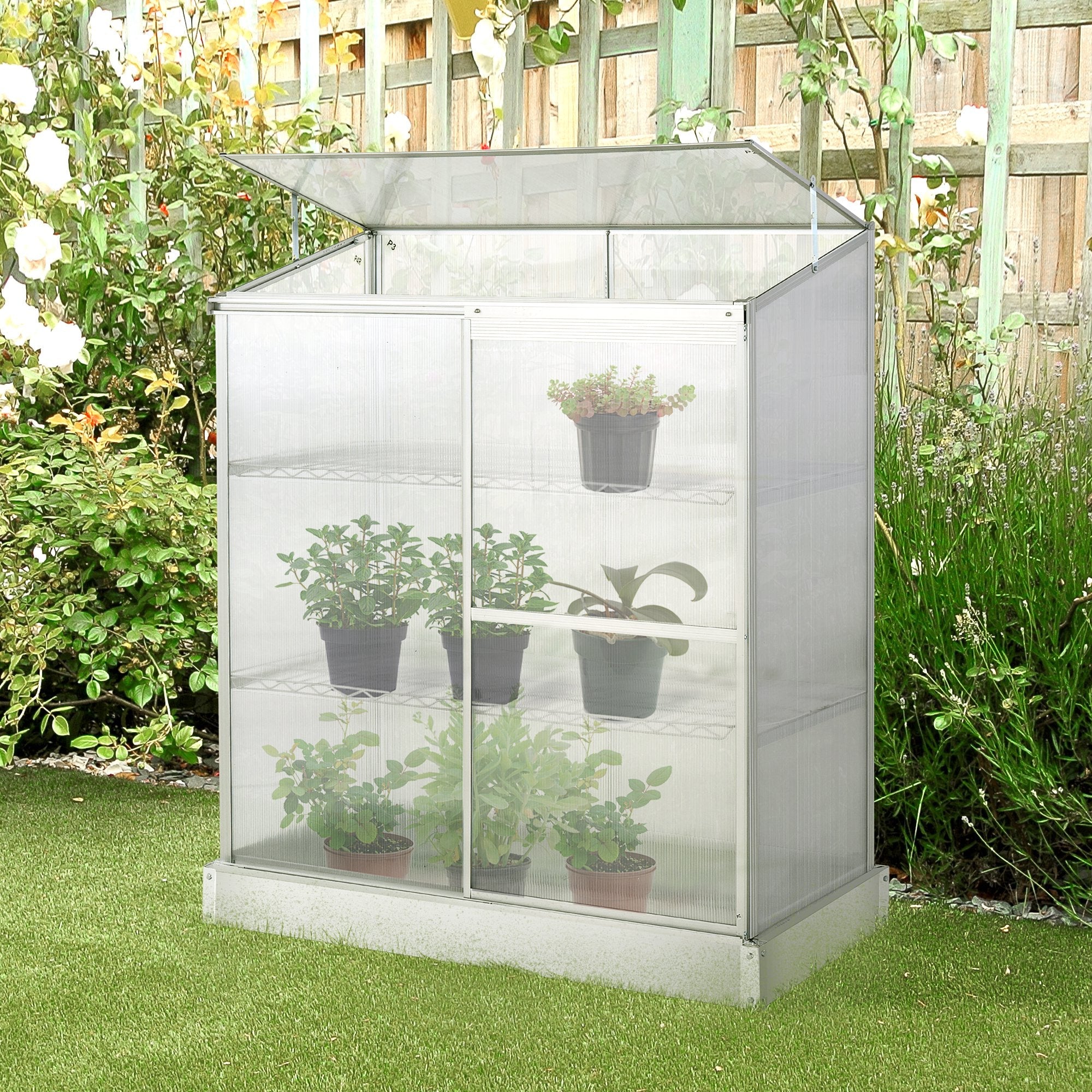 3 Tier Greenhouse Garden Outdoor Cold Frame Plant Flower Growth Transparent Polycarbonate Board Openable Roof Sliding Door w/ Foundation 131L x 58W x 140H cm