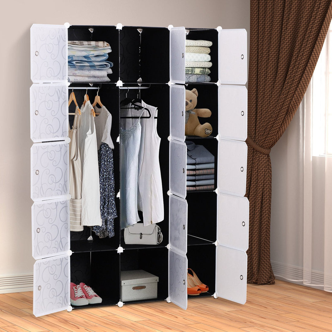 Portable Wardrobe for Bedroom, 15 Cube Closet with Hanging Rail, Modular Storage Cabinet, Plastic Armoire for Space Saving, White and Black