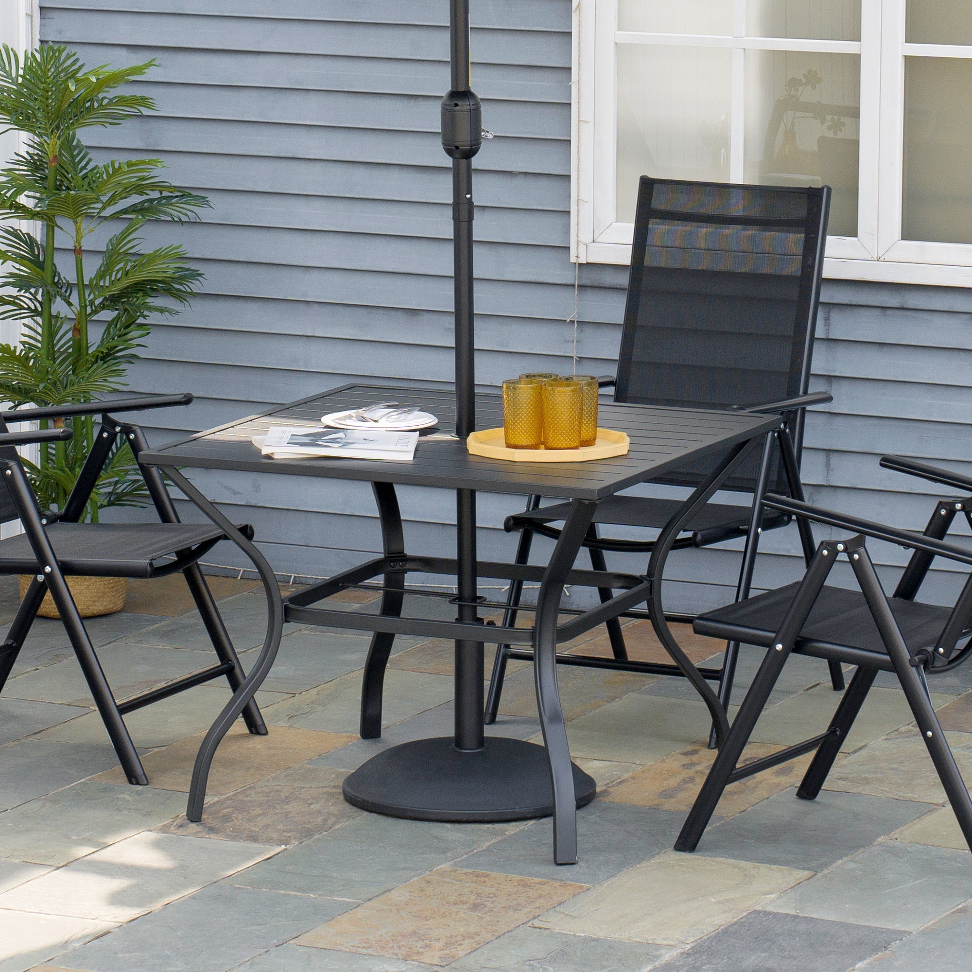 94 x 94 cm Garden Table with Parasol Hole, Outdoor Dining Garden Table for Four with Slatted Metal Plate Top, Black