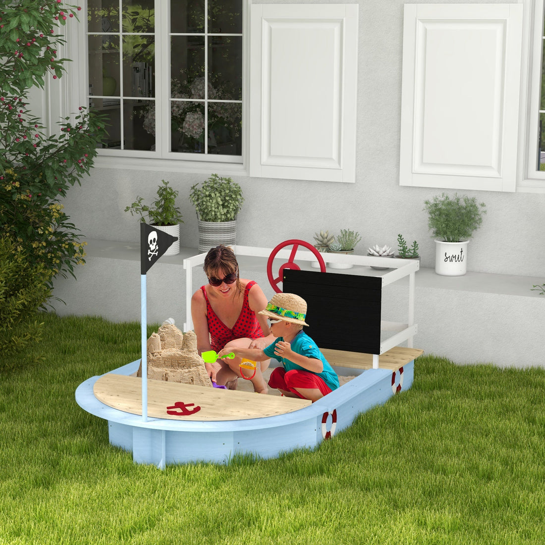 Wooden Kids Sandbox, Pirate Ship Design - Blue