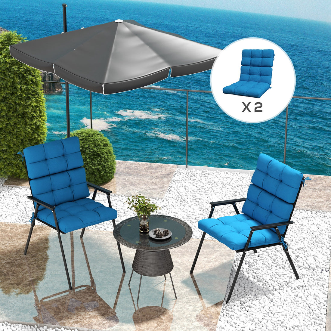 2-Piece Seat Cushion Replacement with Backrest, Garden Patio Chair Cushions Set with Ties, Blue