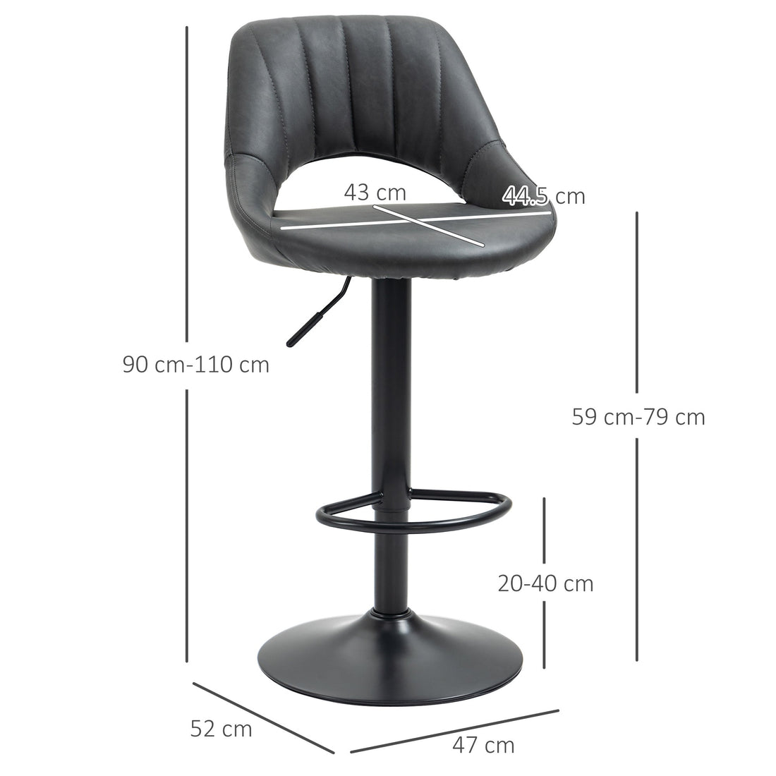 Bar Stools Set of 2, Swivel Counter Height Barstools with Back, Adjustable PU Leather Bar Chairs, Modern Armless Kitchen Island Stool, Dark Grey