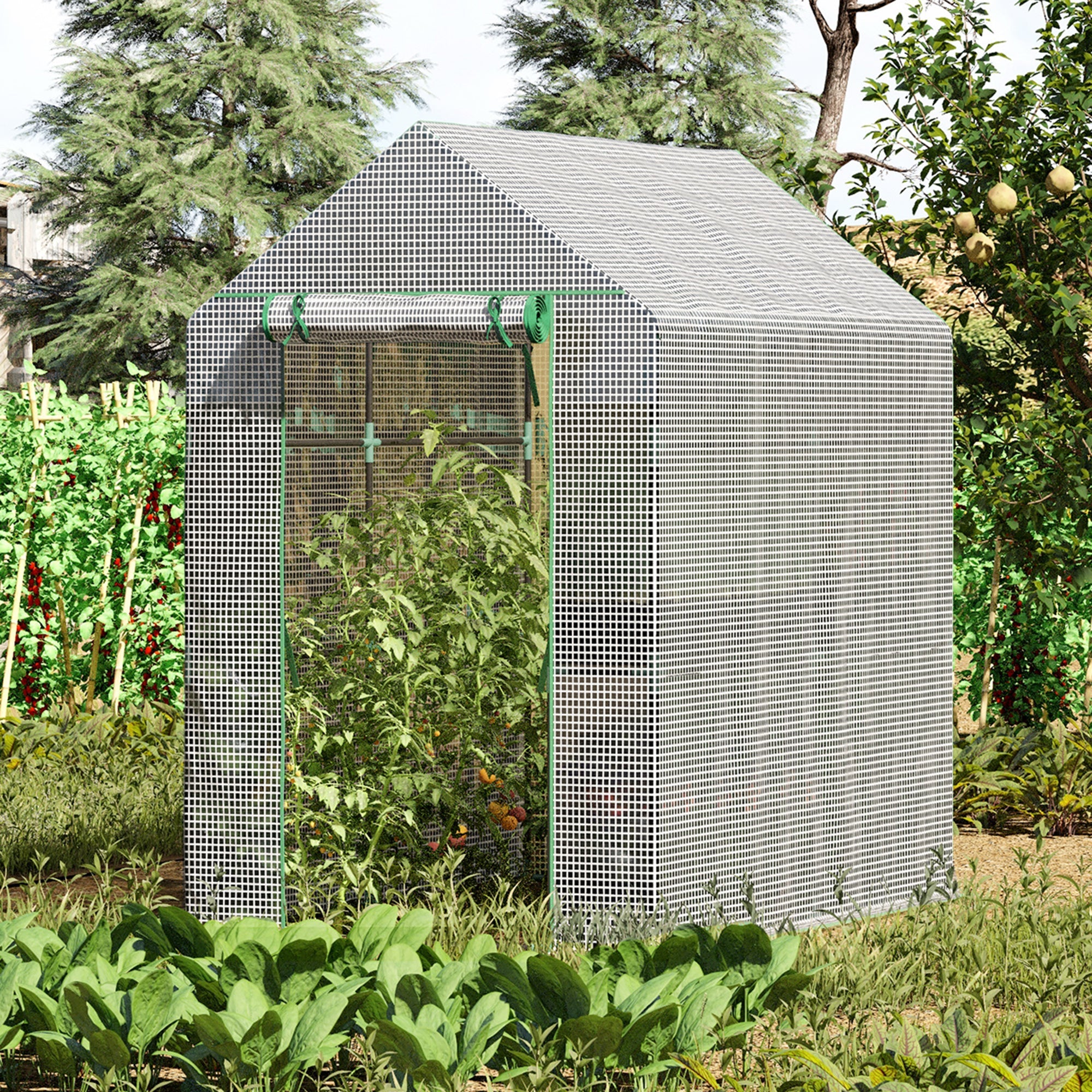 Walk In Greenhouse with 2-Tier Shelves, Roll up Zip Panel Door, Garden Polytunnel Steeple Grow House for Outdoor, 6 x 4 x 6ft White