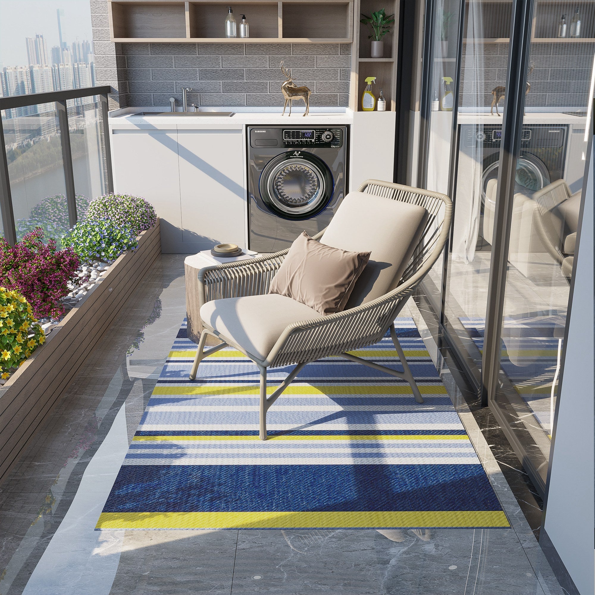 Reversible Outdoor Rug, Waterproof Plastic Straw Mat for Backyard, Deck, RV, Picnic, Beach, Camping, 121 x 182 cm, Dark Blue and Yellow