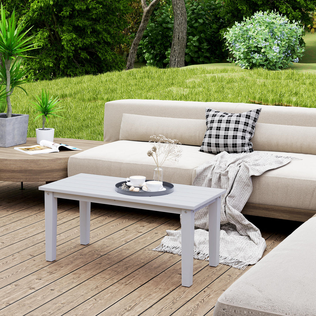 Outdoor Garden Coffee Table, HDPE All-Weather Garden Table, Rectangular Outdoor Table with Slatted Tabletop for Patio, Balcony, 91 x 44 x 42 cm, White