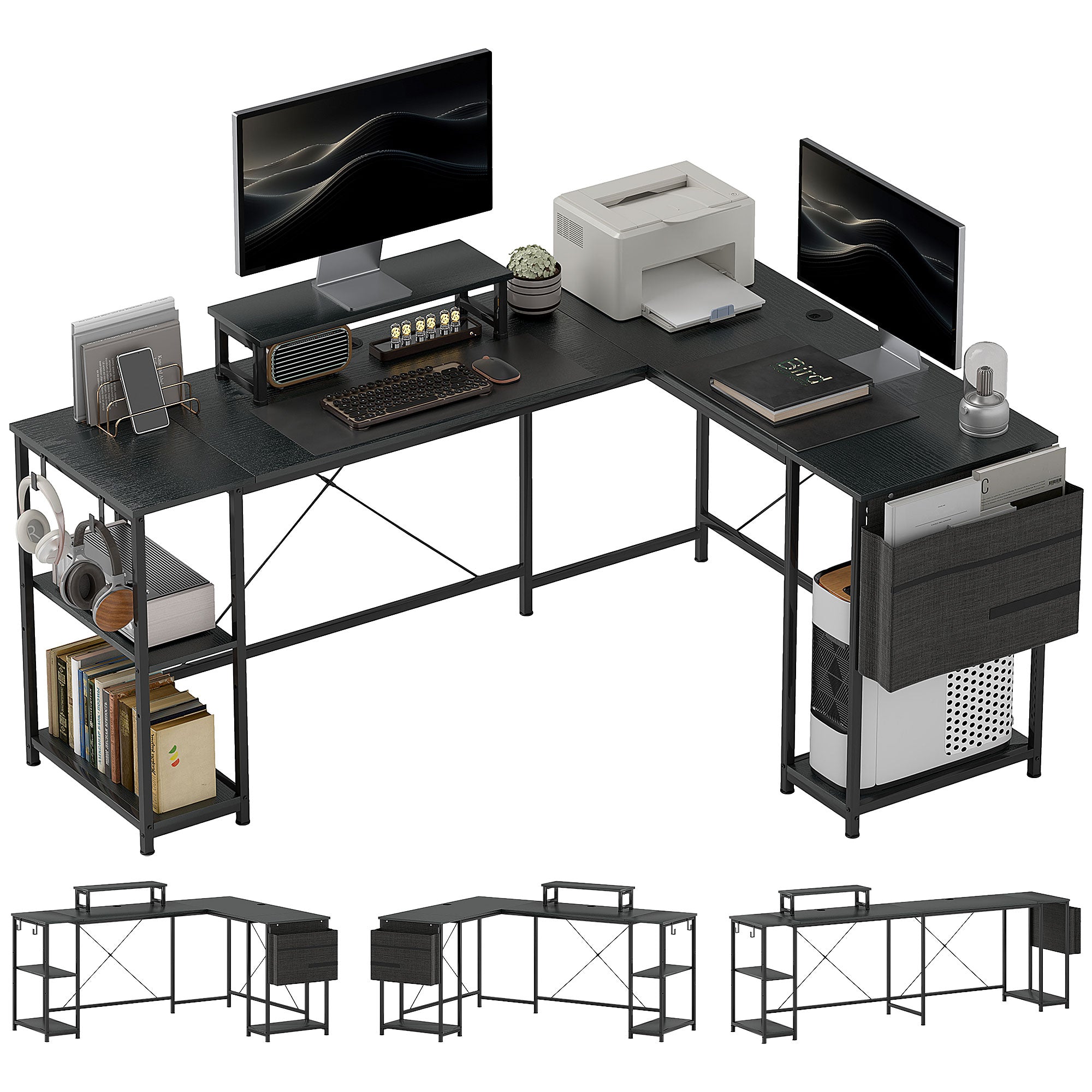 168cm Reversible L Shaped Desk, Industrial Corner Computer Desk with Adjustable Shelf and Storage Bag, 240cm 2 Person Desk with Monitor Stand, Black
