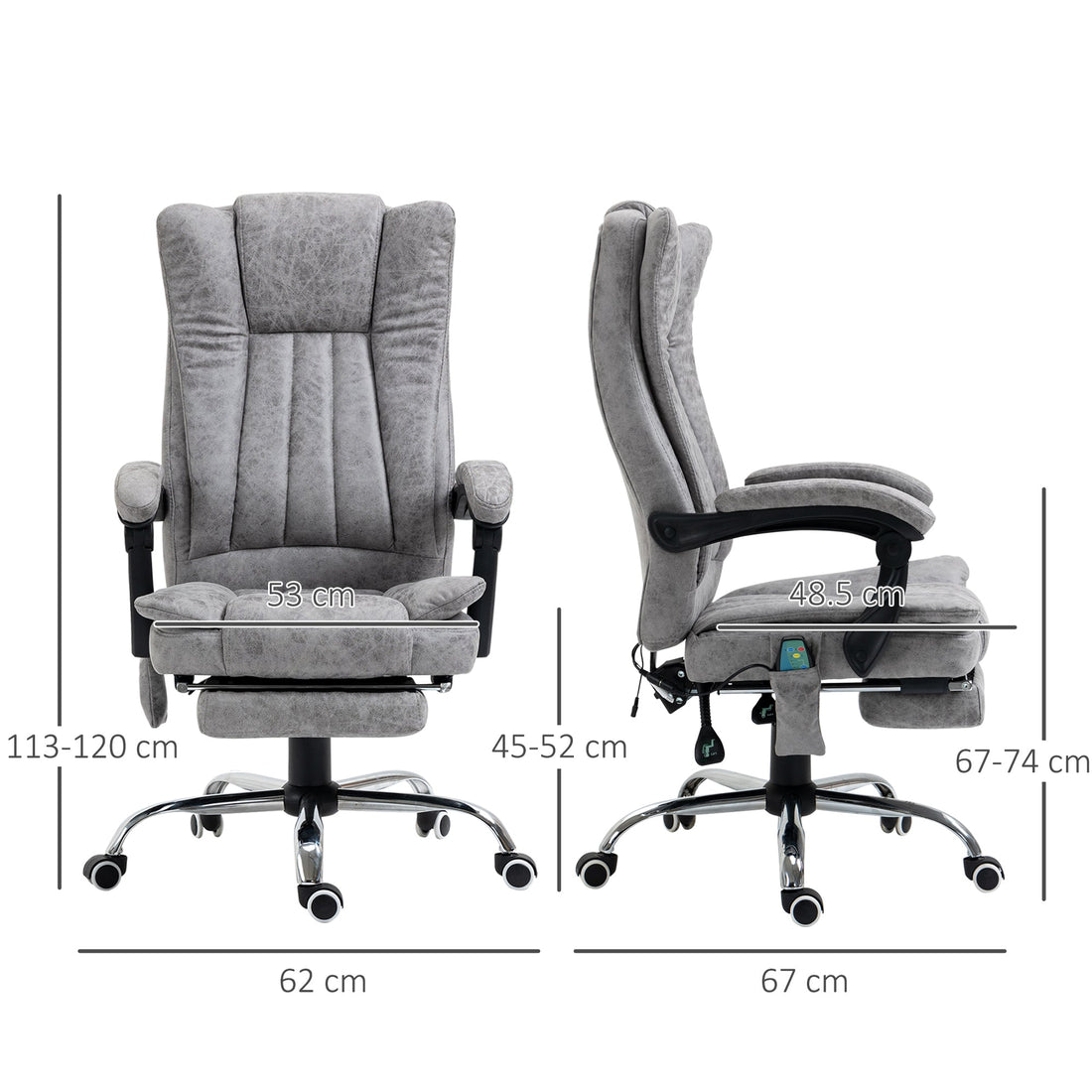 Office Chair with Massage and Heat, Microfibre Reclining Computer Desk Chair with Footrest and Adjustable Height, Swivel Wheels for Home Office, Grey
