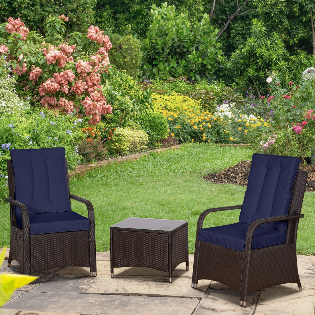 3 Pieces Rattan Bistro Set with Furniture Cover, Wicker Garden Furniture Set, Glass Top Coffee Table and Chairs with Cushions for Outdoor, Patio, Balcony, Dark Blue