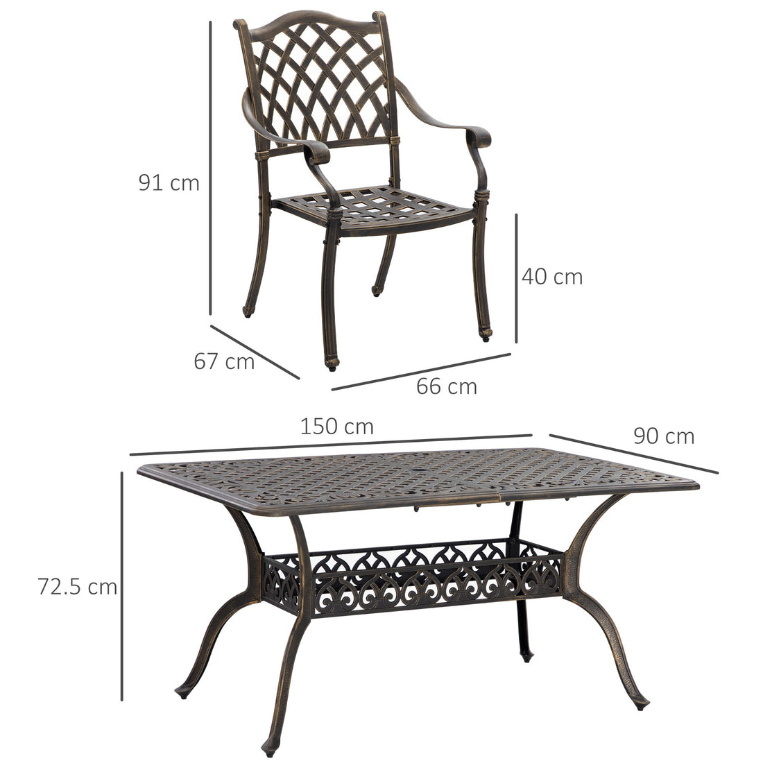 7 PCs Garden Patio Dining Set with Parasol Hole, Cast Aluminium Outdoor Furniture Set with Six Cushioned Chairs and Rectangle Dining Table, for Garden, Lawn, Deck, Bronze Tone