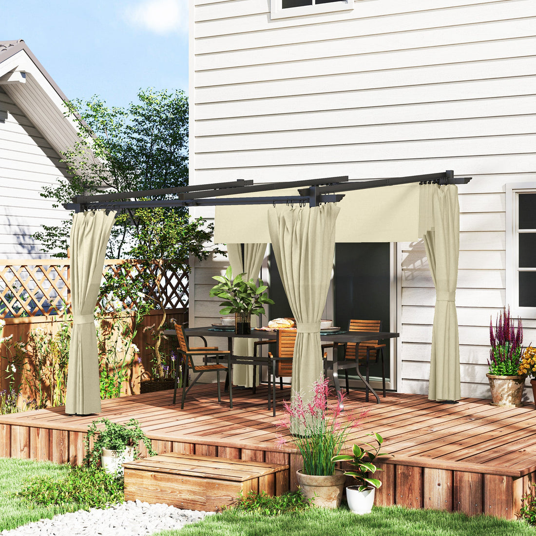 3 x 3 m Retractable Roof Pergola, with Curtains - Beige