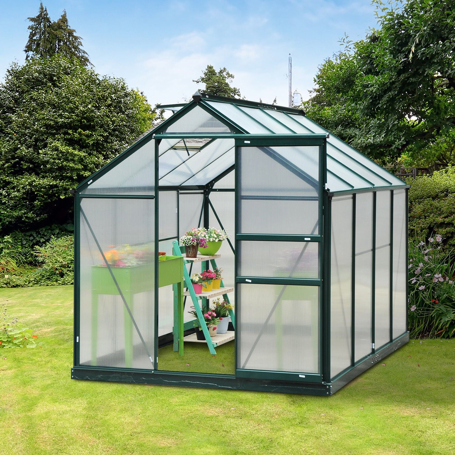 6 x 8ft Polycarbonate Greenhouse, Large Walk-In Green House with Slide Door and Window, Garden Plants Grow House with Aluminium Frame and Foundation, Dark Green