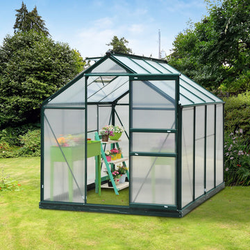 6 x 8ft Polycarbonate Greenhouse, Large Walk-In Green House with Slide Door and Window, Garden Plants Grow House with Aluminium Frame and Foundation, Dark Green