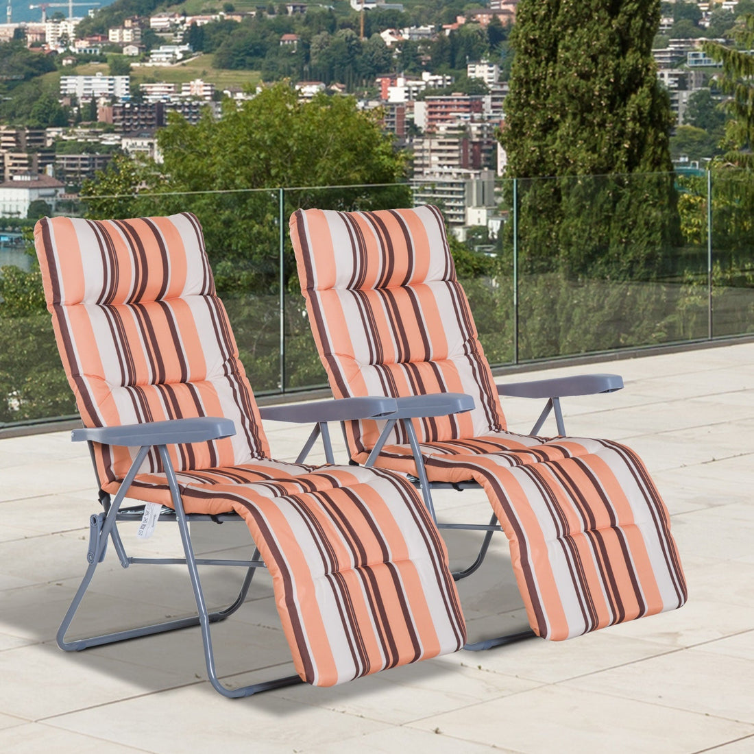 Reclining Garden Chair Set of 2, 5-Level Adjustable Zero Gravity Chairs with Cushions, Folding Sun Lounger Garden Recliner Chairs with Armrests for Outdoor, Patio, Orange Stripe