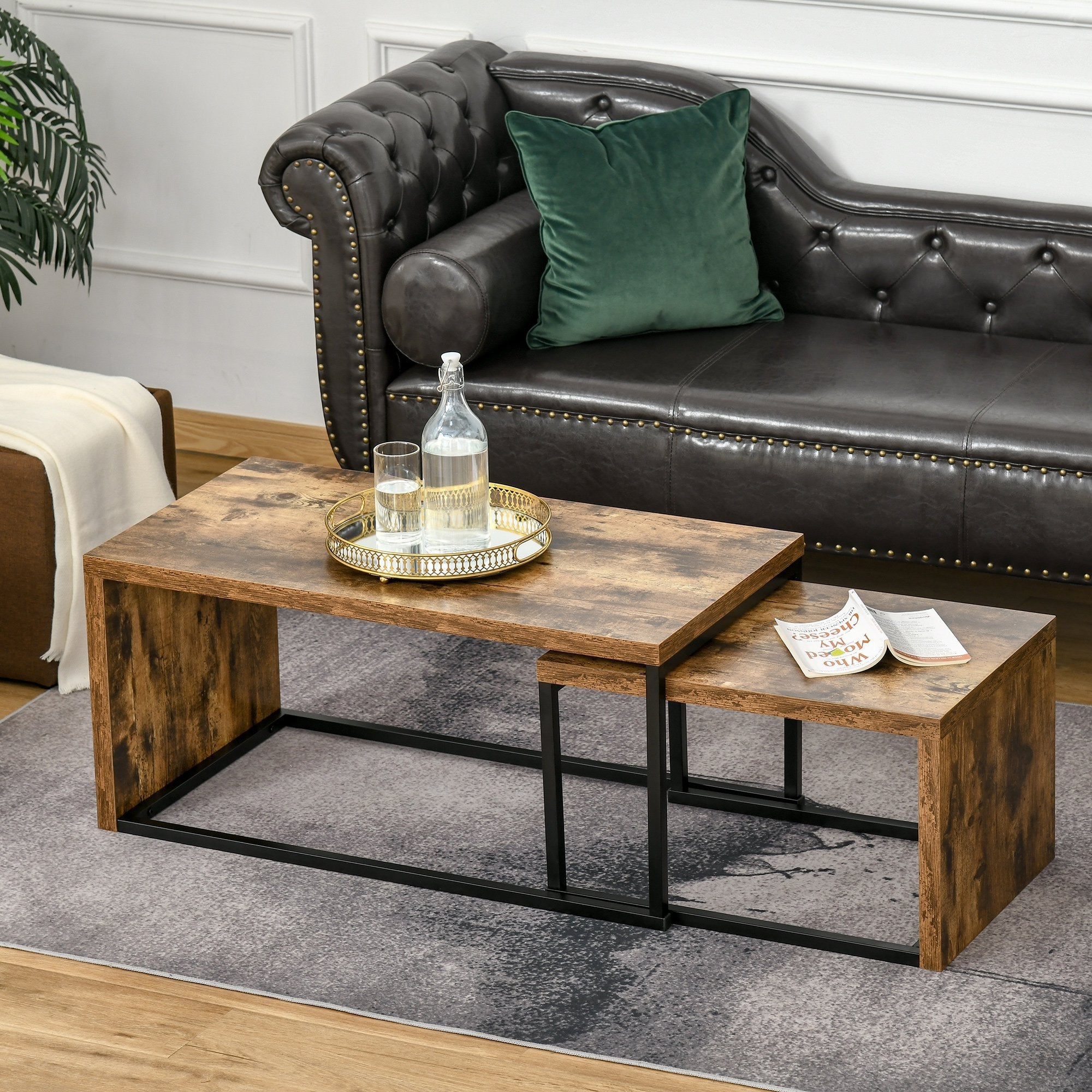 Coffee Tables Set of 2, Industrial Nest of Tables with Metal Frame for Living Room Bedroom, Rustic Brown