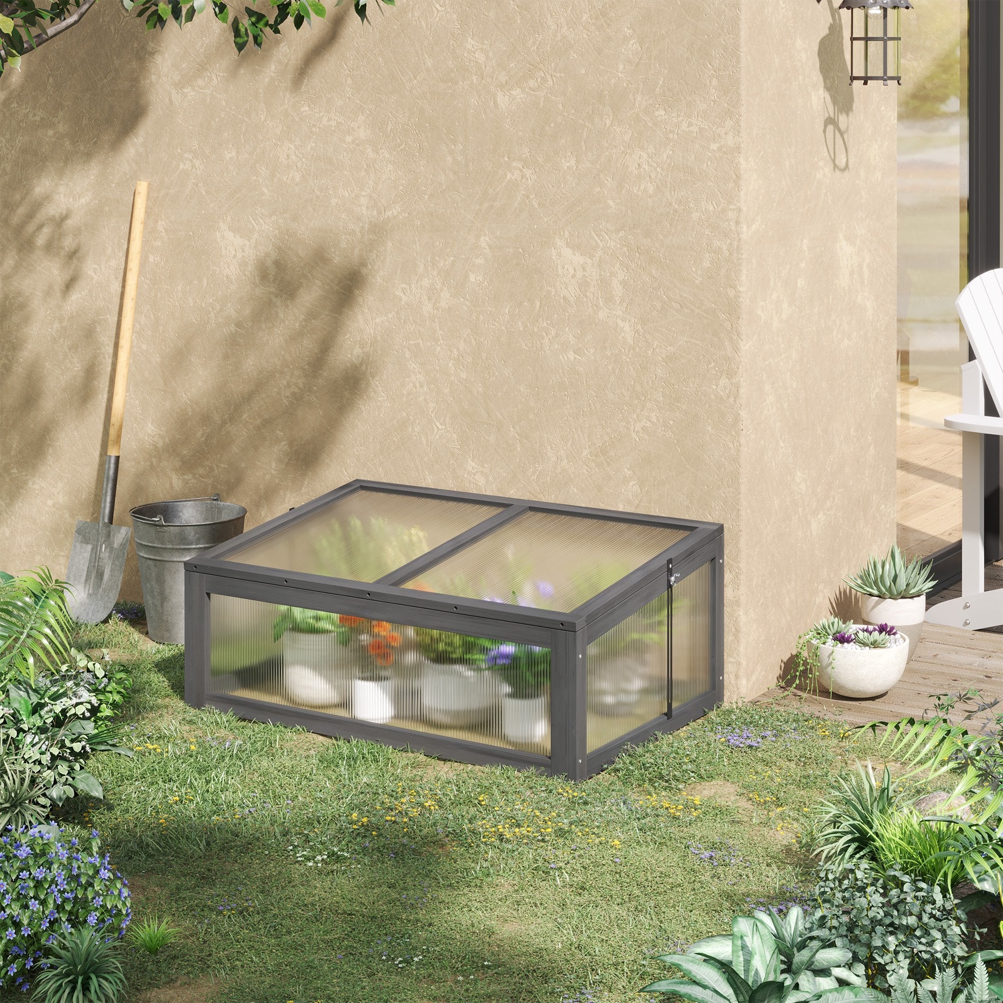 Wooden Cold Frame, Small Polycarbonate Greenhouse for Plants with Openable & Tilted Top Cover, Grey, 100 x 65 x 40cm