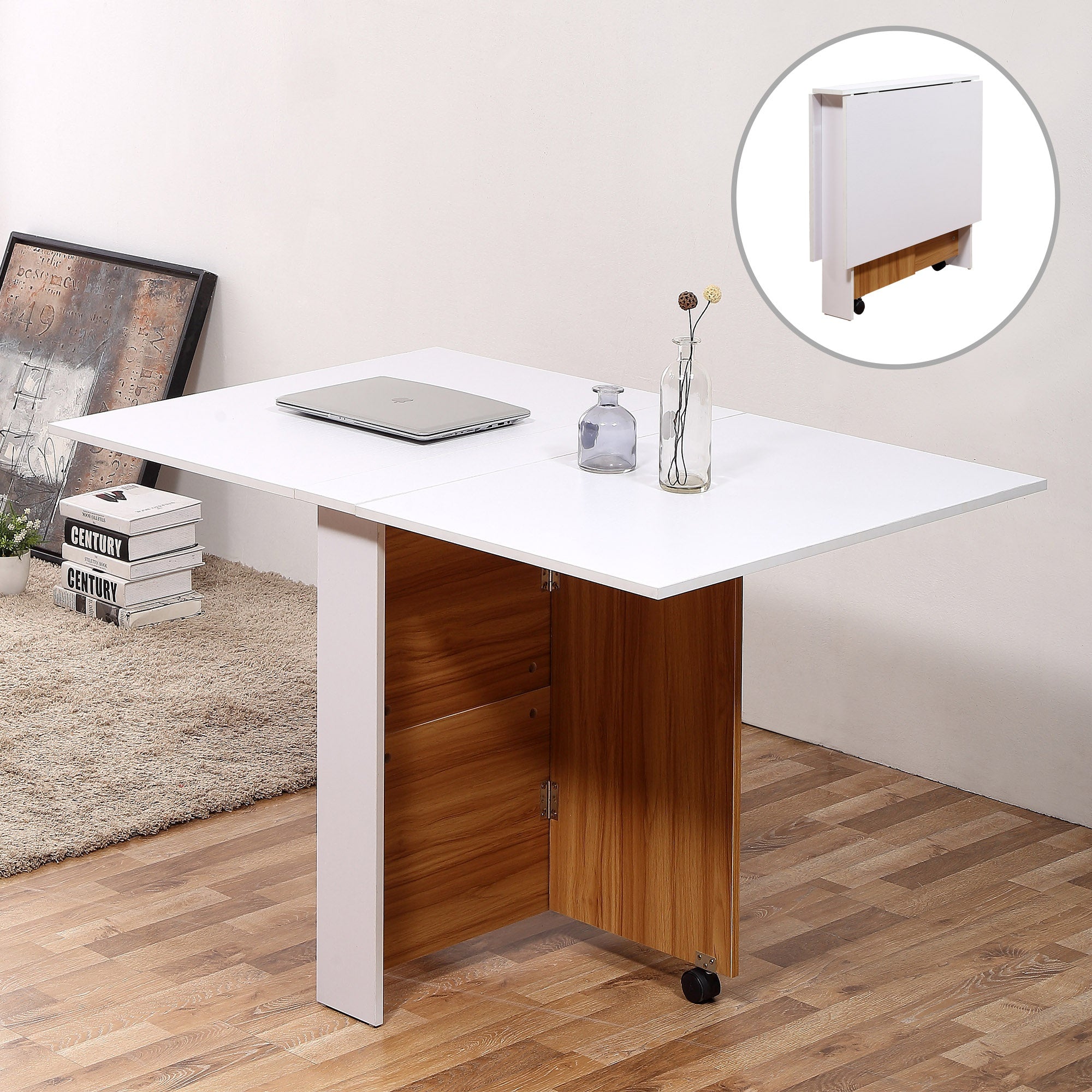 Folding Dining Table Writing Desk Workstation w/ Casters Teak Colour, White