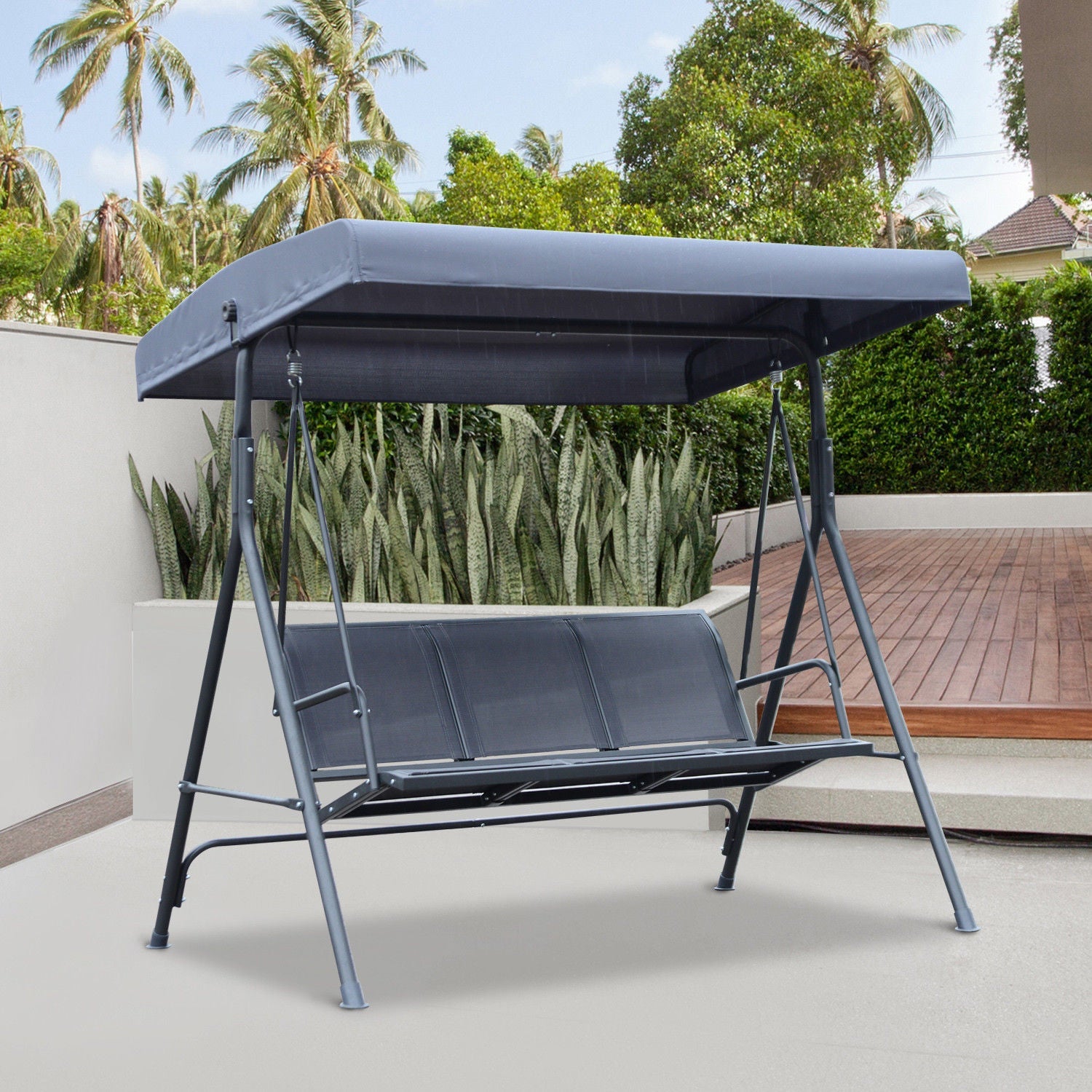 3 Seater Swing Chair, Garden Swing Bench with Canopy, Breathable Mesh Seat and Heavy Duty Steel Frame for Patio, Yard, Grey