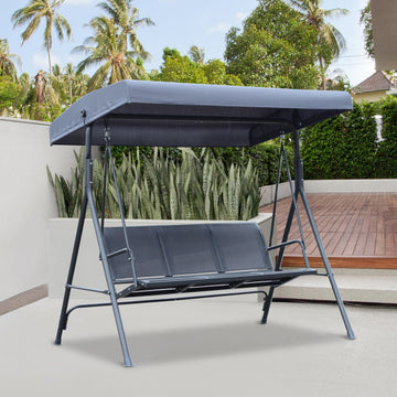 3 Seater Swing Chair, Garden Swing Bench with Canopy, Breathable Mesh Seat and Heavy Duty Steel Frame for Patio, Yard, Grey