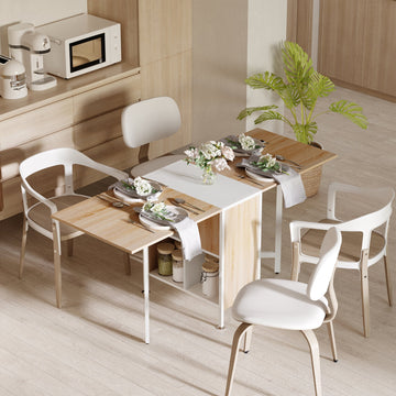 Foldable Drop Leaf Dining Table Folding Workstation for Small Space with Storage Shelves Cubes Oak & White
