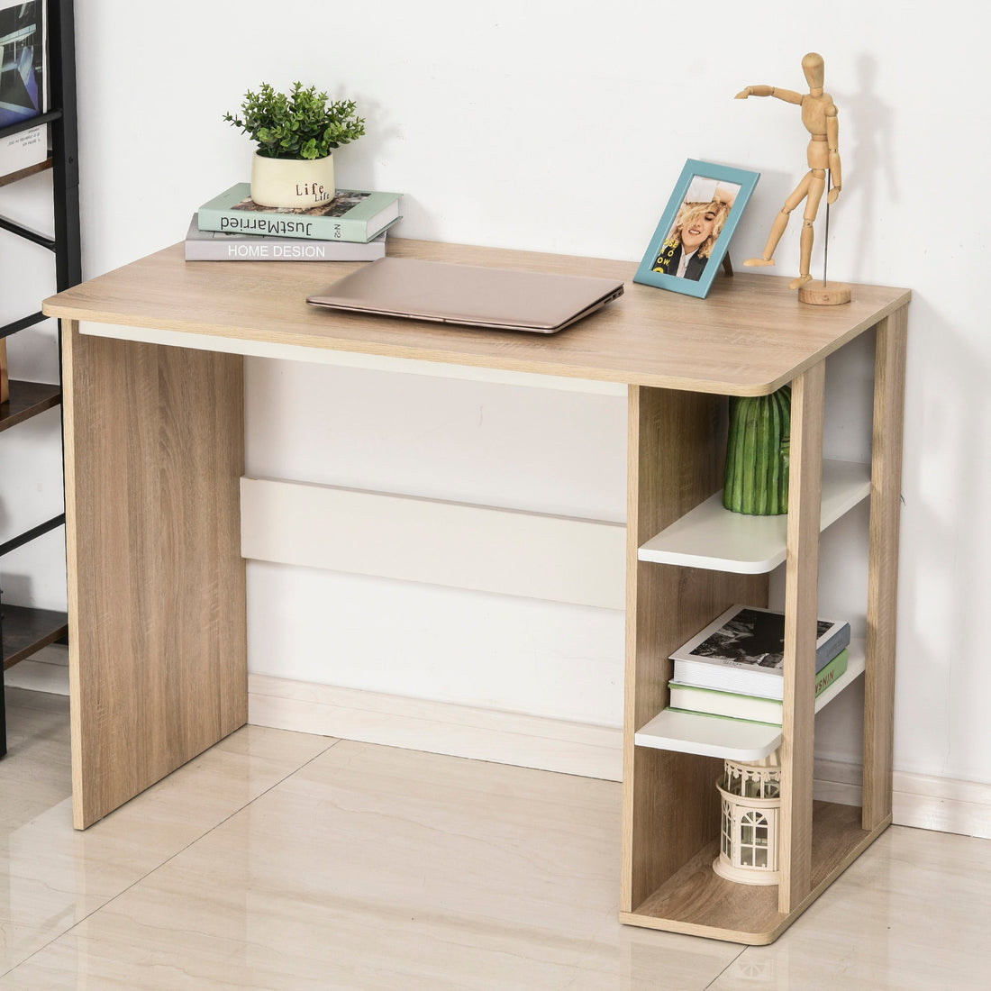 Computer Desk, Writing Desk with 3-Tier Storage Shelf, Work Table for Home Office, Study, Living Room, Oak and White