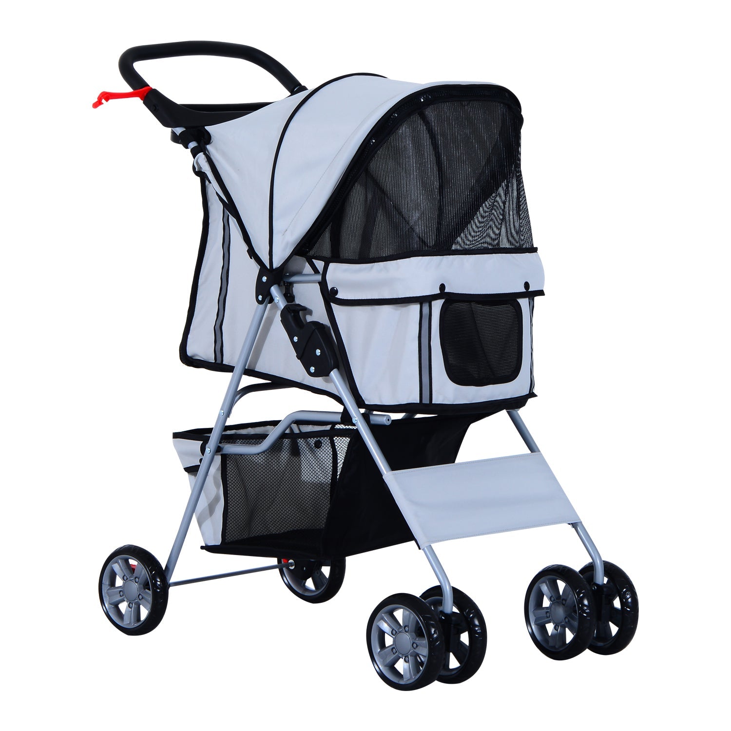 Pet Stroller for Small Miniature Dogs Cats Foldable Travel Carriage with Wheels Zipper Entry Cup Holder Storage Basket Grey