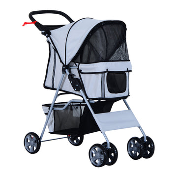 Pet Stroller for Small Miniature Dogs Cats Foldable Travel Carriage with Wheels Zipper Entry Cup Holder Storage Basket Grey
