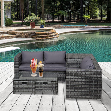 4 Pcs Rattan Wicker Garden Furniture Patio Sofa Storage & Table Set w/ 2 Drawers Coffee Table,Great Cushioned 4 Seats Corner Sofa - Grey