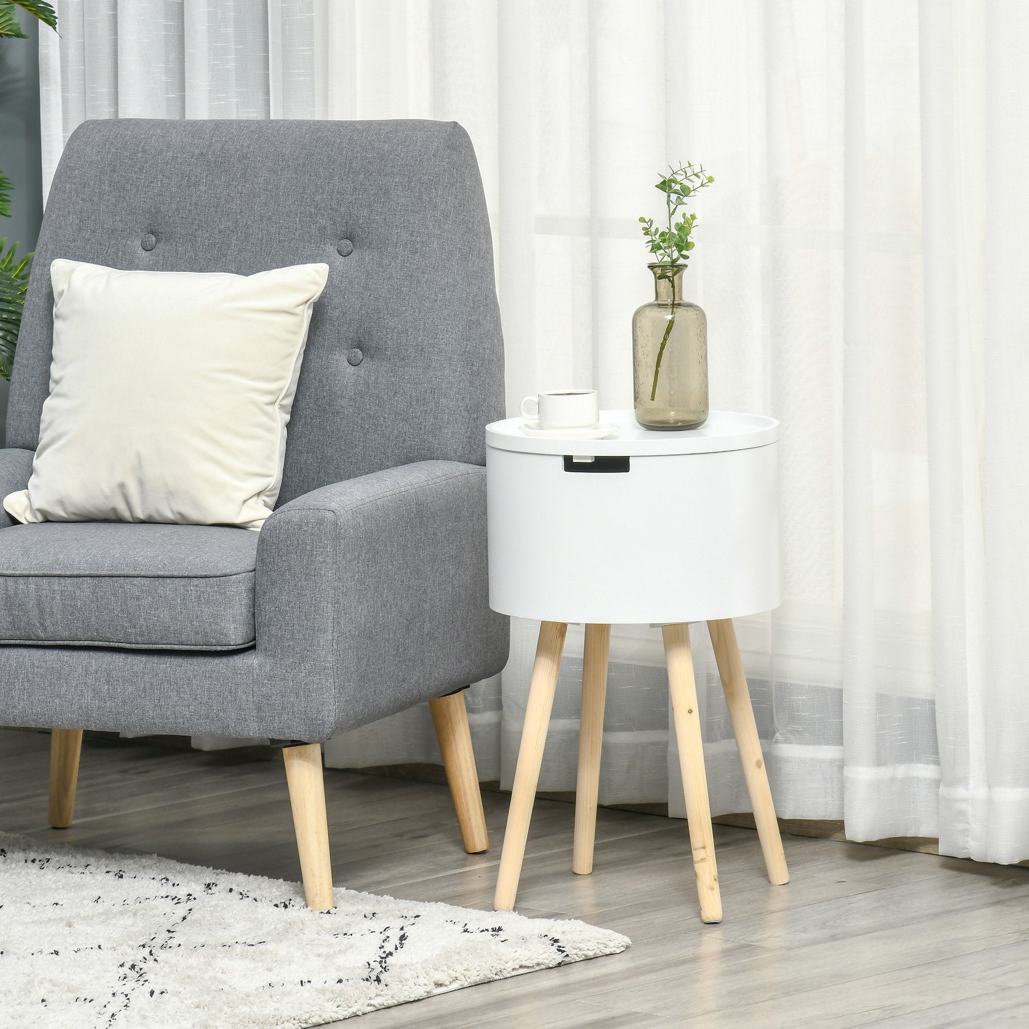 Modern Side Table with Hidden Storage Space, Round Night Stand with Removable Tray Wood Frame End Coffee Table for Living Room, White