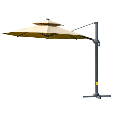 3m Cantilever Parasol w/ Solar Lights Power Bank Base 360° Spin Khaki