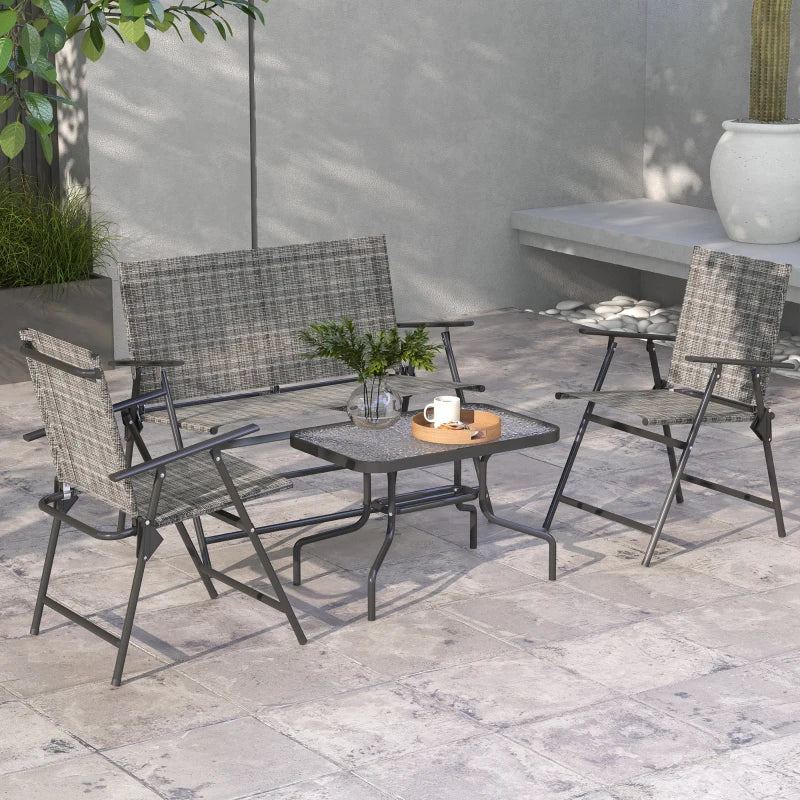 Outdoor 4 Pieces Patio Furniture Set with Breathable Mesh Fabric Seat & Backrest, Garden Set with Two Foldable Armchairs, a Loveseat & Glass Top Table, Mixed Grey