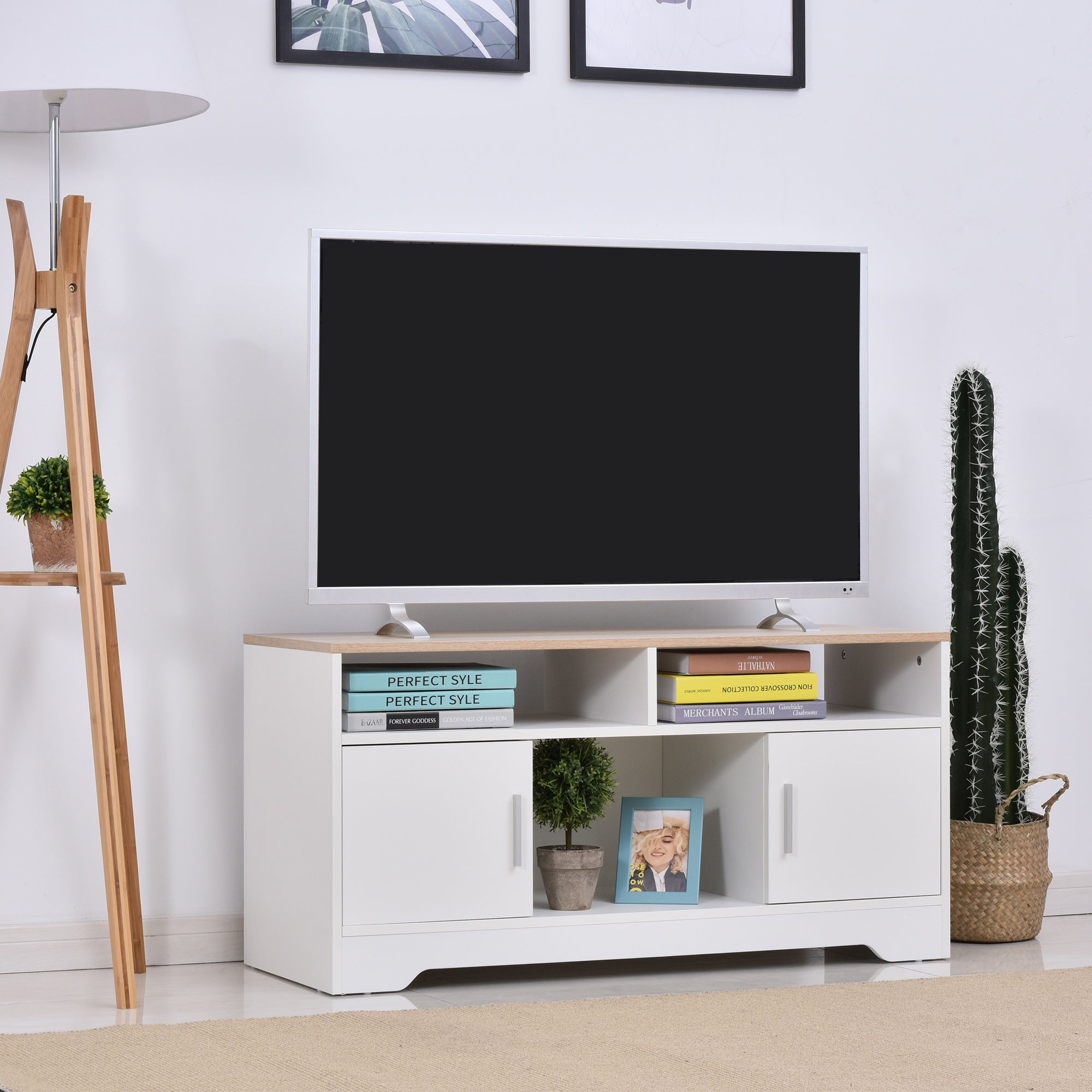 TV Stand Cabinet up to 50", Modern TV Unit with Storage, Open Shelves and Cable Management for Living Room, Bedroom, White