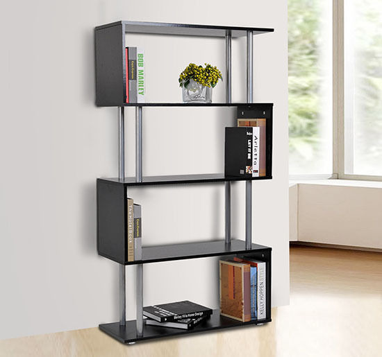 S Shape Bookcase, 5 Tiers Bookshelf, Modern Freestanding Storage Shelf for Home Office, Study, Living Room, 80 x 30 x 145cm Black