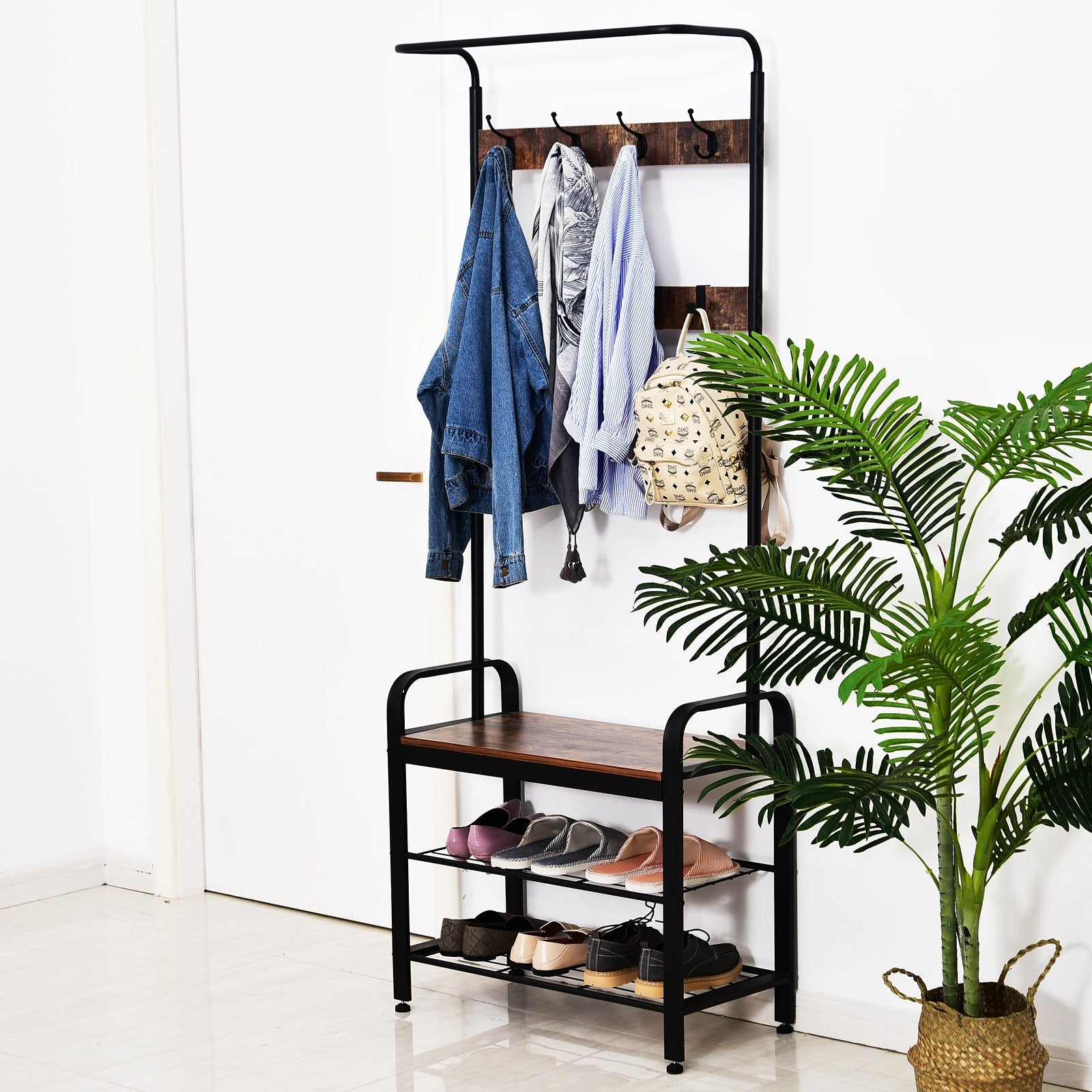 Coat Rack Stand Industrial hallway Shoe Rack Removable Hooks Metal Wood Hangers Storage Cabinet Rustic Brown 72L×34W×185H(cm)