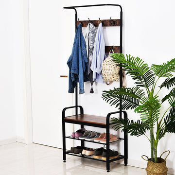 Coat Rack Stand Industrial hallway Shoe Rack Removable Hooks Metal Wood Hangers Storage Cabinet Rustic Brown 72L×34W×185H(cm)