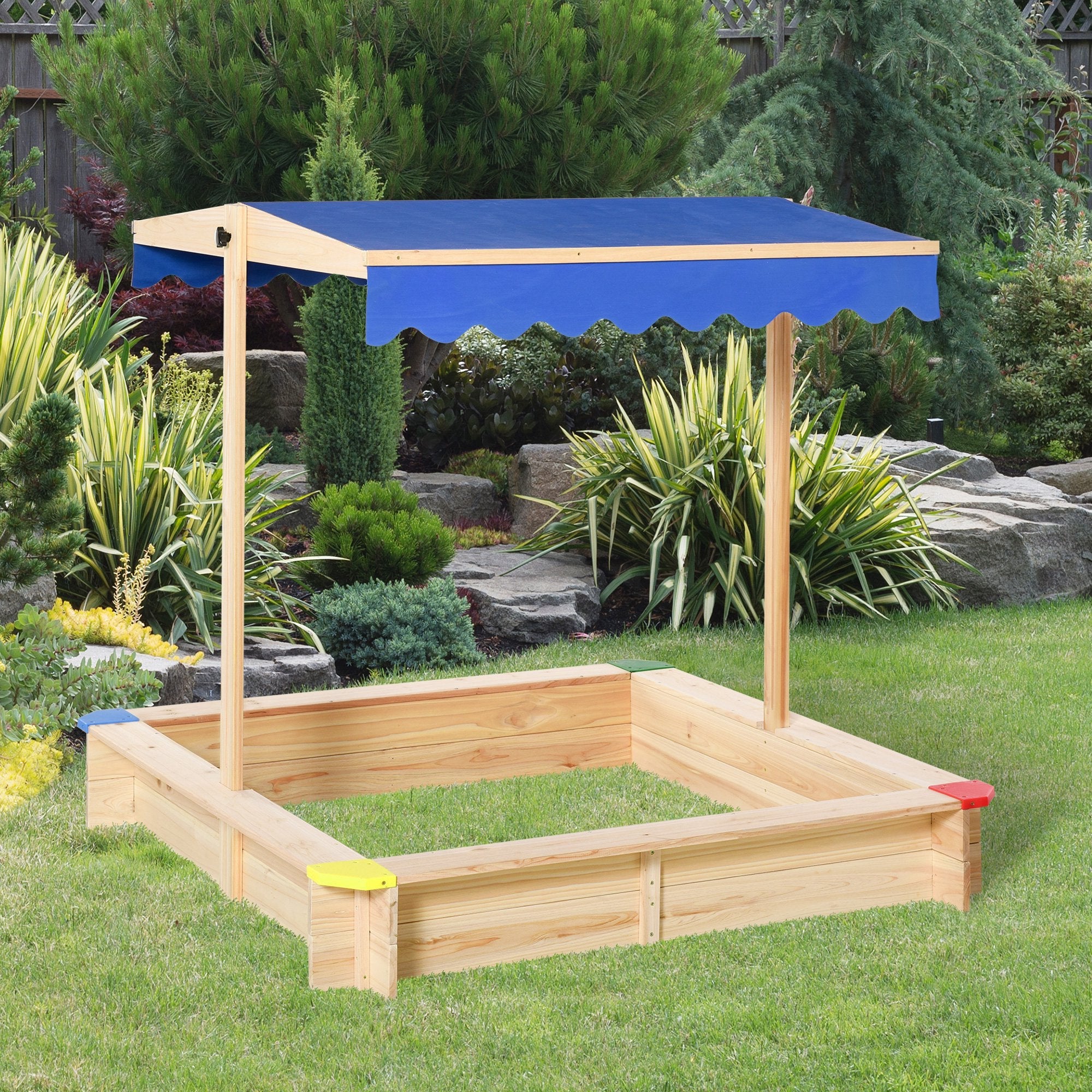 Kids Wooden Sand Pit Sandbox Children Square Outdoor Playset Adjustable Canopy Bench Seat 120x120x120cm