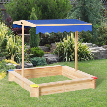 Kids Wooden Sand Pit Sandbox Children Square Outdoor Playset Adjustable Canopy Bench Seat 120x120x120cm