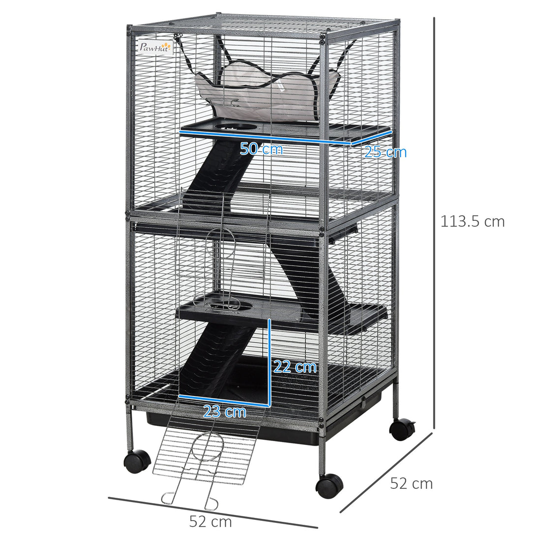 Small Animal Cage with Wheels Pet Home for Chinchillas Ferrets Kittens, with Hammock, 4 Platforms, Removable Tray, Silver