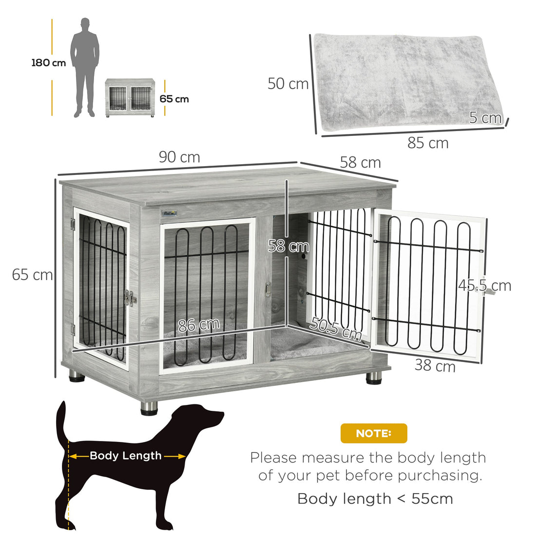 Dog Crate Furniture, Side End Table, Indoor Dog Kennel with Soft Washable Cushion, Wire Mesh, Large Top, for Medium and Large Dogs,90 x 58 x 65, Grey