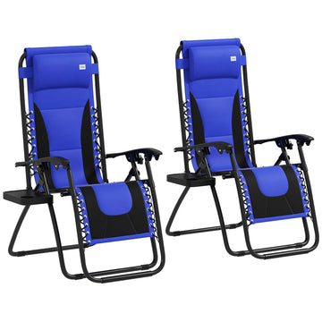 Zero Gravity Lounger Chair Set of 2, Folding Reclining Patio Chair with Padded Seat, Cup Holder, Soft Cushion and Headrest for Poolside, Camping, Blue