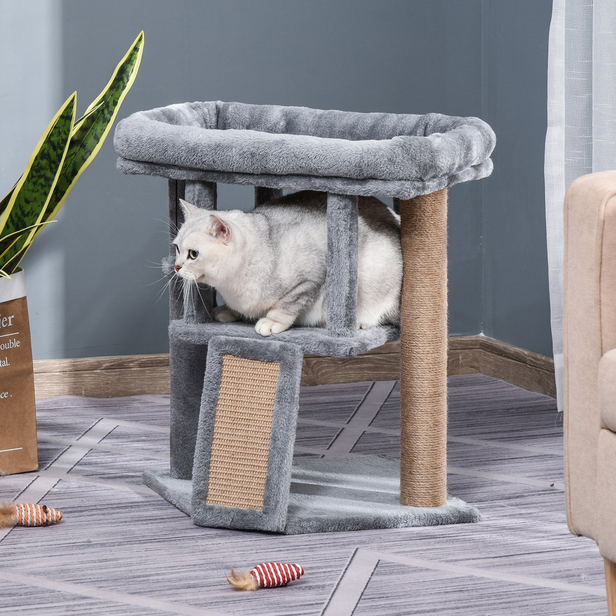 Cat Tree Tower for Indoor Cats Cat Scratching Post Climbing Activity Centre w/Jute Scratching Pad, Toy Ball, Cat House - Grey